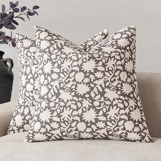 Foindtower Set of 2 Decorative Neutral Floral Throw Pillow Covers Accent Farmhouse Cushion Covers Boho Vintage Pillowcase for Couch Sofa Bedroom Living Room Home Decor,24×24 Inch,Rustic Gray