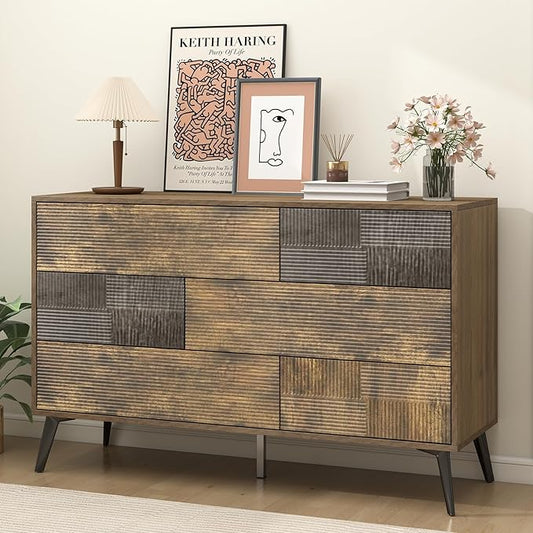 Hadulcet Fluted 6 Drawer Dresser for Bedroom, Modern Chest of Drawers with Push to Open Storage Organizer for Closet, 47” Handleless Wood Dresser TV Stand for Living Room, Entryway Nursery, Dark Wood