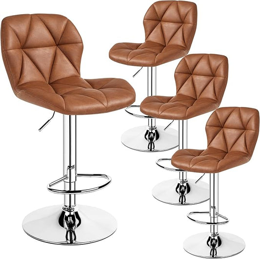 Yaheetech Bar Stools Set of 4, Adjustable PU Leather Swivel Barstools, Modern Counter Stools with Back and Footrest, Counter Height Barstools for Bar, Kitchen, Dining Room, Retro Brown