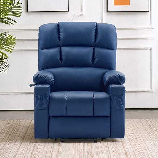 MCombo Medium Lay Flat Dual Motor Power Lift Recliner Chair Sofa with Massage and Heat for Elderly People, Infinite Position, Faux Leather 7679 (Navy Blue, Medium)