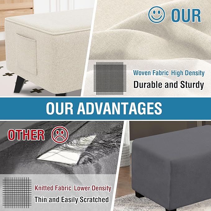 H.VERSAILTEX Sturdy Ottoman Cover Linen Look Ottoman Slipcover with Storage Side Pocket Thick Footrest Stool Covers with Elastic Band for Square Ottoman Fit Length 36"-37" Footrest - Heather Ivory