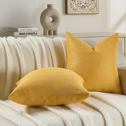 FUTEI Mustard Yellow Chenille Throw Pillow Covers 12x20 Inch Set of 2,Soft Wide Chevron Textured Lumbar Pillow Cases,Farmhouse Home Decor for Couch Bed Living Room