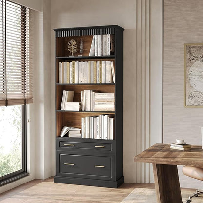 LITTLE TREE 72" Tall Black Bookcase, 5-Tier Office Bookself with File Cabinet Drawers,Modern Floor Standing Storage Filing Cabinet Book Shelf for Living Room,Bedroom