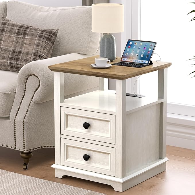 18" Wide End Table with Fast Charging Station Set of 2, 18” Wide Sofa End Table with Drawers,Storage Rustic Wood Storage Cabinet,Sofa Table for Living Room,White