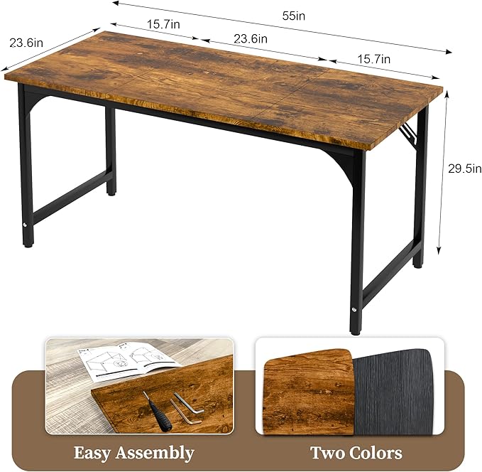 AZN Computer Desk, 55in Computer Desk, Office Desk w/Metal Frame, Office Desk w/Water-Resistant, Scratchproof Surface, Home Office Desks w/Large Legroom for Work Study Writing Gaming, Rustic Brown
