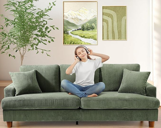 87in Corduroy Couch, Kidirect Sofa No Tool Assembly, Comfy Couches for Living Room 21in Deeper Seats, Corduroy Sofas for Living Room with 2 Pillows, Oversized Loveseat Sofa, Boho Love Seat Green Couch