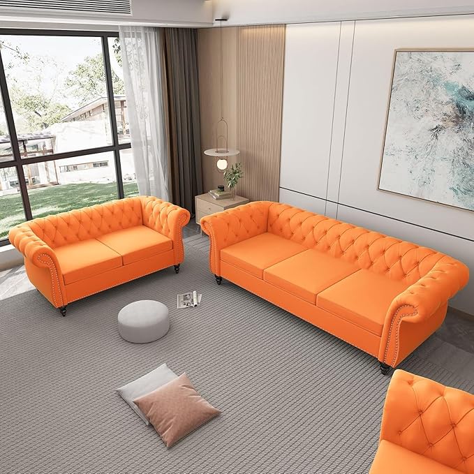 Chesterfield 3 Seater Sofa, Modern Velvet Tufted Couch 3 Seater with Rolled Arms and Nailhead Mid-Century Upholstered Couch for Living Room, Bedroom, Apartment and Office, Orange