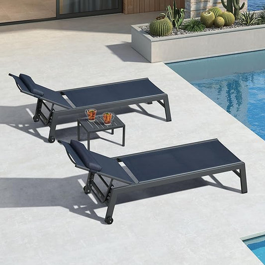 PURPLE LEAF Outdoor Lounge Chair Set of 3 Patio Chaise Pool Lounger Aluminum Frame with Side Table and Wheels for Outside Sunbathing Tanning Recliner Including Pillows Navy Blue