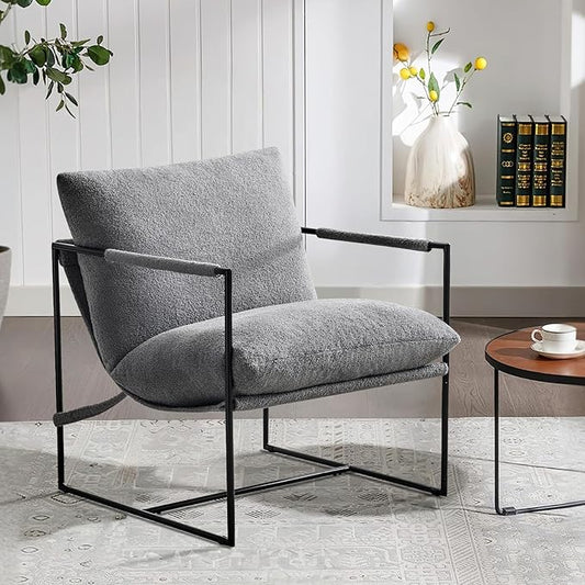 Sling Accent Chair with Metal Frame, Comfortable Boucle Fabric Arm Chair, Upholstered Cozy Reading Chair for Living Room, Bedroom, Dressing Room, Home Office, Grey