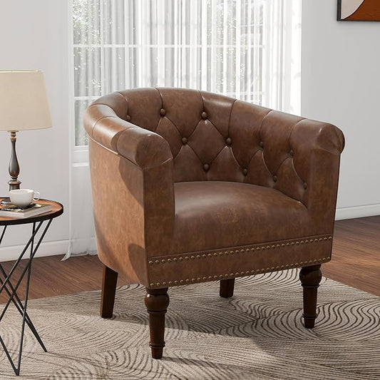 Pia Ricco Faux Leather Barrel Accent Chair, Comfy Club Armchair with Solid Wood Legs, Nailhead Trim Upholstered Single Sofa Chair for Living Room Bedroom/Reading Room, Tan