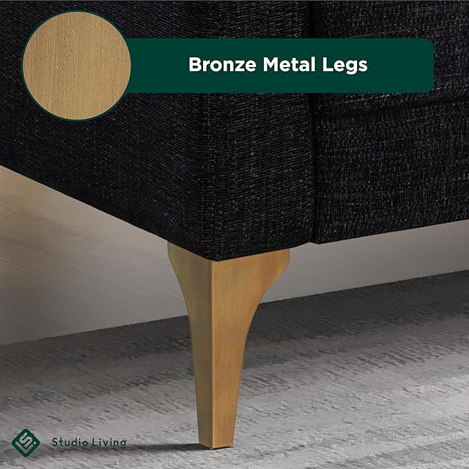 Studio Living® Matthew 39.8" Arm Chair, Mid-Century Modern, Pocket Coil Comfort, Metal Brushed Bronze Legs, Chenille Fabric, Black