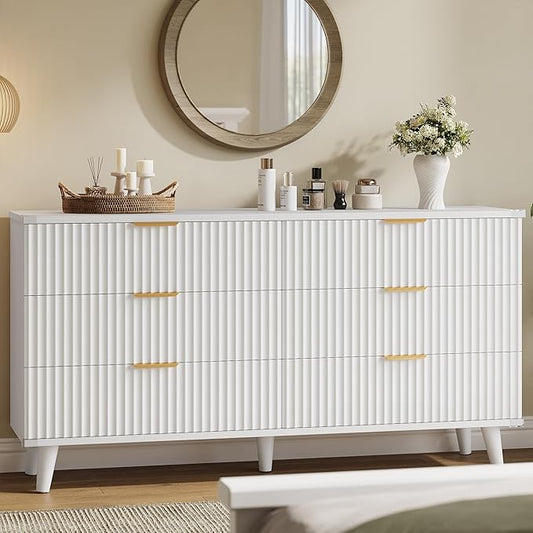Lulive White Dresser for Bedroom Wood Dressers Chest of Drawers, Fluted 53.2" Wide Modern Long Dresser TV Stand 6 Drawers for Bedroom, Closet, Living Room, Hallway (White)