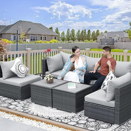 NICESOUL 7 Pieces Comfy 29.3'' High Back Outdoor Furniture Sofa Set, Extra Large Size Grey PE Wicker Patio Modular Sectional with Side Tables, All-Weather Rattan Conversations for Backyard Deck,Gray