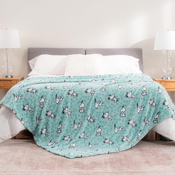 Berkshire Blanket Peanuts® VelvetLoft® Cute Character Snoopy Plush Blanket,Snoopy Springtime Floral Dance Large Blue,Twin 60 in x 90 in (Official Peanuts® Product)