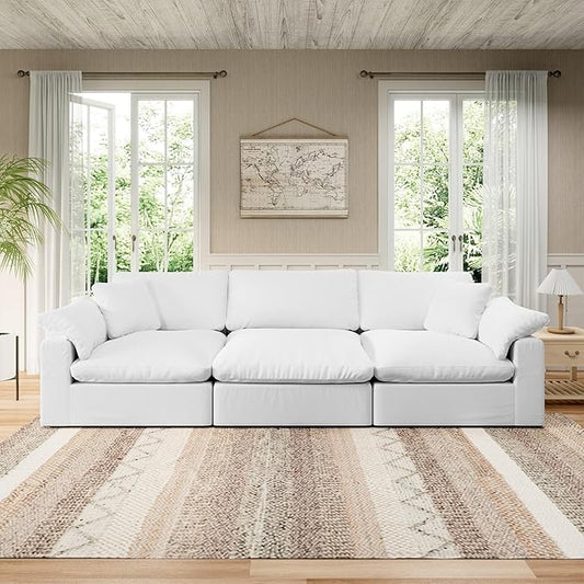 Modular Sectional Sofa Cloud Couch,Down Filled Comfy Cloud Modern Sofa,White Linen Oversized Couch Cushion Covers Removable for Living Room(3 Seater)