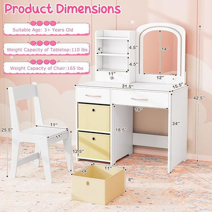 Costzon Kids Vanity with Lights, Princess Makeup Dressing Desk with Mirror and Stool, Storage Drawers, Shelves, Vanity Table and Chair Set for Little Girls (White)