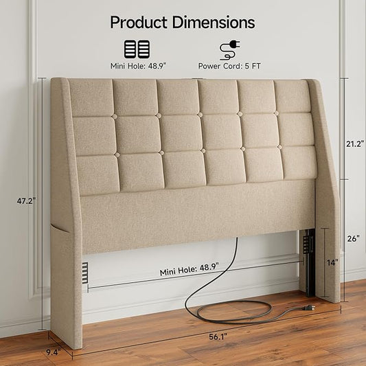 Full Size Headboard with Charging Station, Ergonomic Upholstered Linen Headboards Only, Wingback Wood Bed Head Board with Storage Pocket, Bed Frame Adapters, Beige