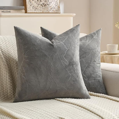 FUTEI Dark Grey Velvet Throw Pillow Covers 26x26 Inch Set of 2,Soft Embossed Leaf-Relief Textured Euro Pillow Shams,Natural Home Decor for Couch Living Room