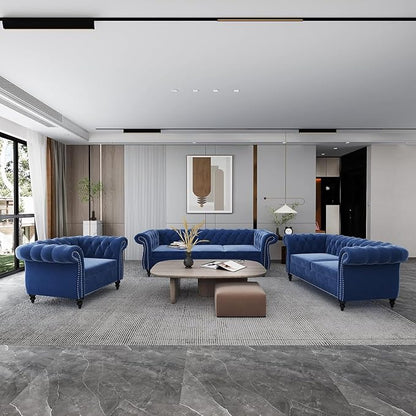 Chesterfield 3 Seater Sofa, Modern Velvet Tufted Couch 3 Seater with Rolled Arms and Nailhead Mid-Century Upholstered Couch for Living Room, Bedroom, Apartment and Office, Blue