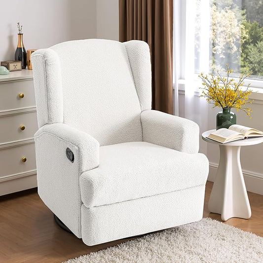 Boucle Swivel Glider Recliner Chair for Adults - Plush High Back Rocker with Deep Seat, Manual Reclining Upholstered Armchair for Living Room or Nursery, Textured Fabric Accent Chair-White