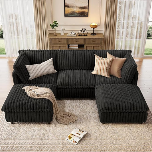 KKL Modular Sectional Couch for Living Room, U Shaped Corduroy Couches with 2 Ottomans, 5 Seater Oversized Sofa Convertible to L Shaped, Soft Fabric Modern Sofa, Black