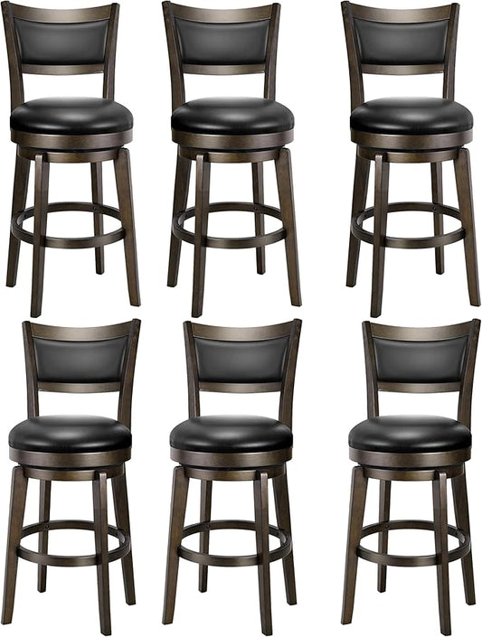 PrimeZone Swivel Bar Stools Set of 6, 24 Inch Counter Height Barstools, Black Faux Leather Bar Stool with High Backrest & Solid Wood Legs & Wrap-around Footrest, Counter Stools for Kitchen Island, Pub