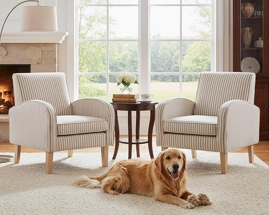 Farmhouse Striped Accent Chairs for Living Room Set of 2, Linen Fabric Modern Comfy Armchairs with Cushion, Upholstered Striped Reading Chairs for Bedroom Couch Chair with Wood Legs, Khaki