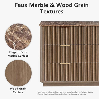 win2win 9 Drawer Dresser, Mid Century Modern Dresser with Storage, 55" Wide Fluted Chest of Drawers with Faux Marble Top, Dressers TV Stand, Drawers Organizer for Bedroom, Living Room, Hallway Walnut