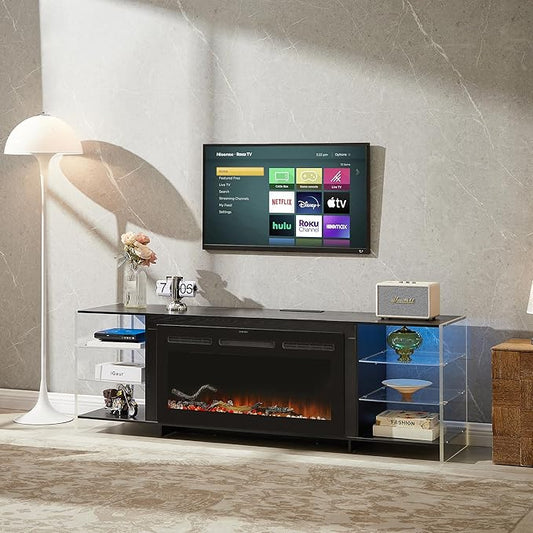 VECELO Fireplace TV Stand for Televisions up to 75" with 3D Flame/13 Colors, Modern Media Entertainment Center Console Table with LED Lights, 3 Tier Transparent Storage Shelves, for Living Room, Black
