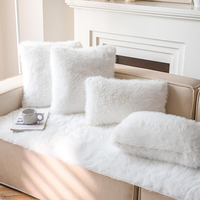 Neelvin Cream White Faux Fur Cozy Fluffy Double-Sided Decorative Throw Pillow Covers 22x22 inch Set of 2,Velvet Pillowcase Cushion Case for Sofa Couch