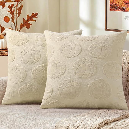 decorUhome Decorative Beige Pumpkin Thanksgiving Throw Pillow Covers 20x20 Set of 2, Soft Chenille Jacquard Farmhouse Textured Pillow Covers for Couch Bed Sofa Autumn Harvest Halloween Holiday