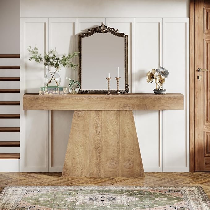 Tribesigns 63" Console Table, Farmhouse Entryway Table with Trapezoidal Base, Narrow Long Wood Sofa Table Behind Couch Table for Entrance, Hallway, Living Room, Natural
