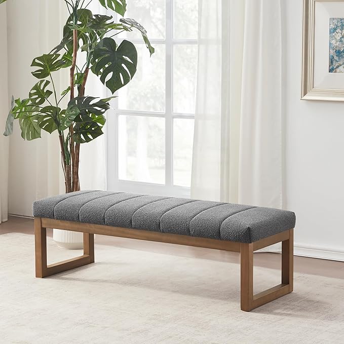 52.7" Bedroom Bench for End of Bed, Modern Upholstered Teddy Fabric Entryway Bench & Dining Bench, Footrest Stool Bench with Solid Wood Frame for Bedroom, Living Room (Grey)