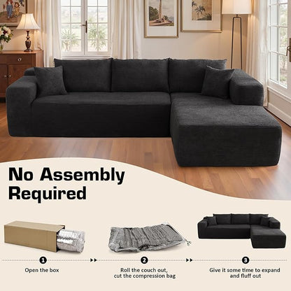106" Cloud Sectional Couch with Chaise Lounge,L Shaped Modular Modern Sofa,Comfy Corduroy Fluffy Sofa with Deep Seat,No Assembly Required Couch for Living Room(Right,Stripe Corduroy,Black)