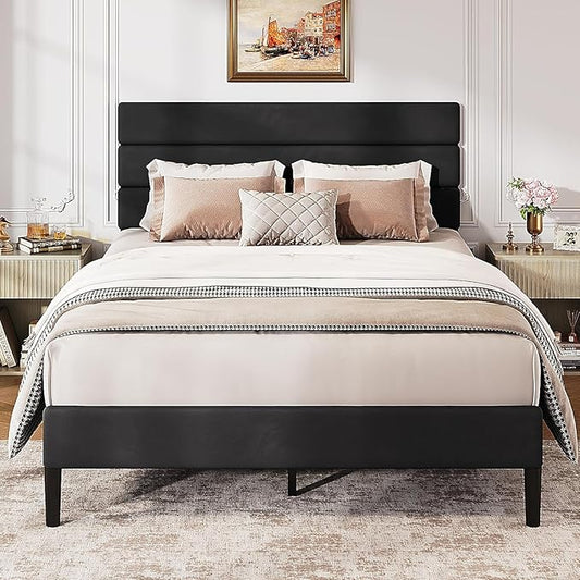 WLIVE Full Size Upholstered Bed Frame, Velvet Square Tufted Headboard,Sturdy Metal & Wooden Slats Support, No Box Spring Needed, Black