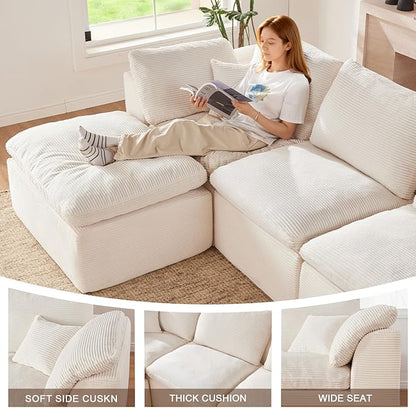 112" Cloud Sectional Couch, Boneless Couches for Living Room, L Shaped Couch with Convertible Ottoman, Modular Sectional Sofa with Deep Seat, Comfy Soft Cushions, No Assembly, Beige