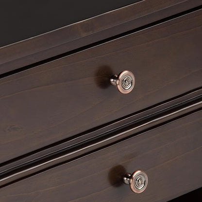 SIMPLIHOME Carlton Bedside Table - 24 inch Wide Solid Wood Nightstand Table in Dark Tobacco Brown, Transitional Bedroom Side or End Table with 2 Drawers, Open Storage Shelf and Bronze Hardware