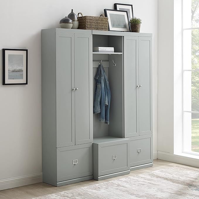 Crosley Furniture Harper 3-Piece Hall Tree and Storage Cabinet Set with Entryway Bench and Hooks for Hanging, Gray