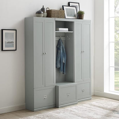 Crosley Furniture Harper 3-Piece Hall Tree and Storage Cabinet Set with Entryway Bench and Hooks for Hanging, Gray