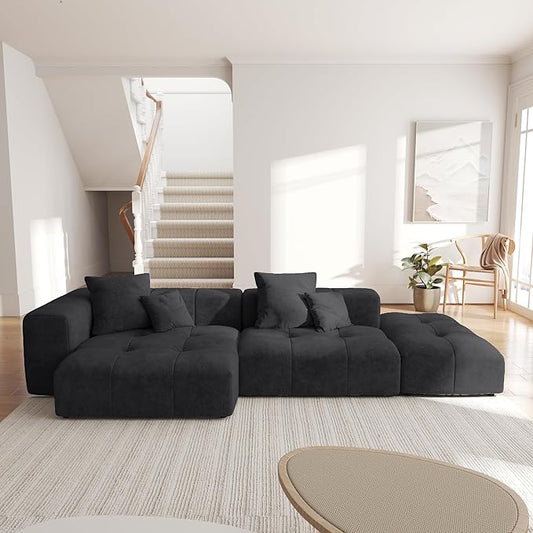 WJShome 119" L Shaped Sectional Couch,Modern Modular Sofa with Ottoman,Linen Deep Loveseat with Pillows Couches for Living Room, Bedroom and Apartment,Black