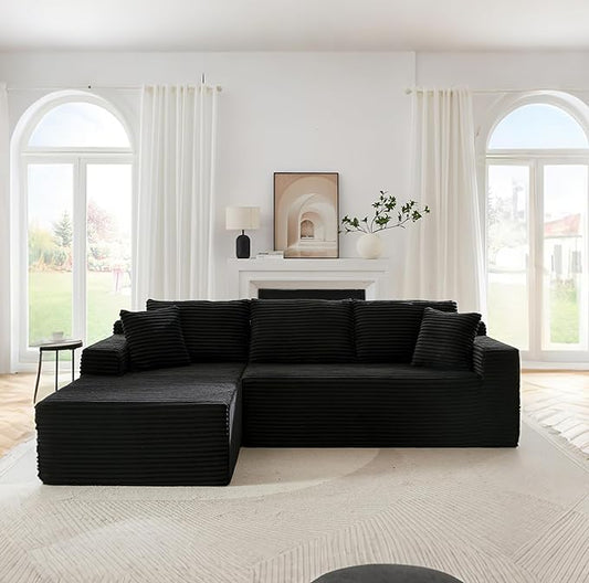 Upgrade 108’’ L Shape Cloud Couch, Plush Corduroy Sectional Sofa with Chaise, Boneless Couches for Living Room Bedroom, No Assembly Required (Black, Left Facing Chaise)