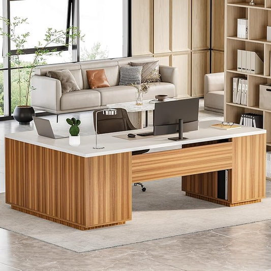 LITTLE TREE 87-Inch Modern Executive Desk with File Cabinet, Large Home Office Desk with Drawers, 3-Drawer Wooden File Cabinet, Spacious Workstation for Home Office (White & Brown)