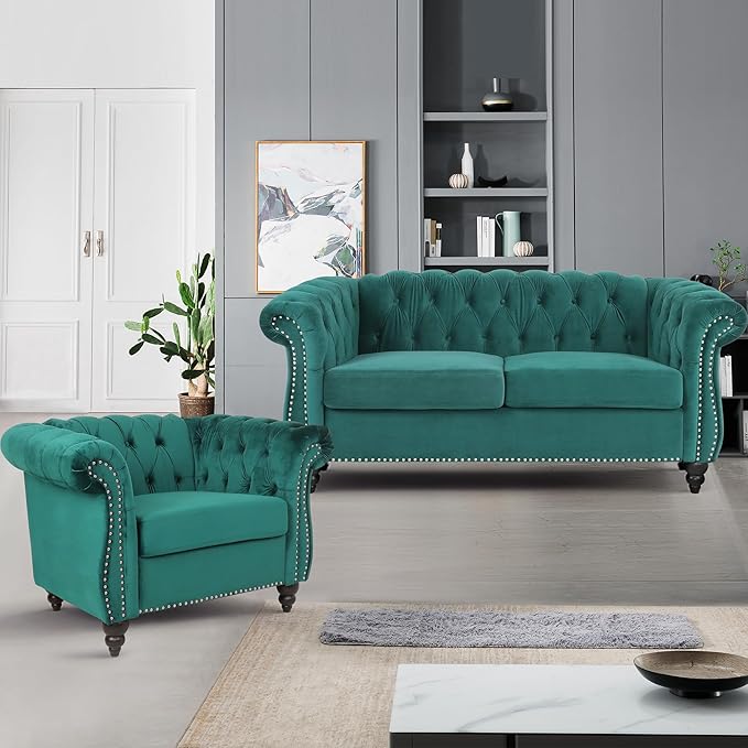 2 Piece Living Room Furniture Set, Velvet Loveseat and Chair Set, Mid Century Modern Upholstered Sofa Couch with Cushions, Comfy Tufted Chesterfield Couches for Living Room, Bedroom, Office