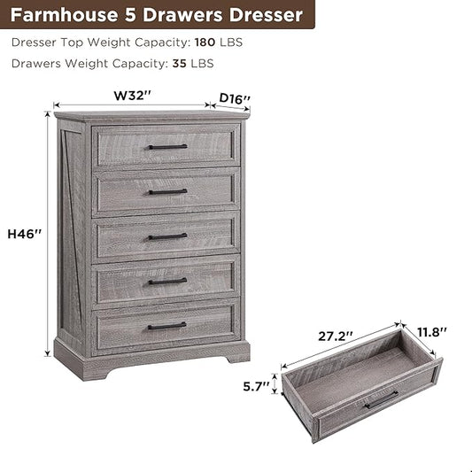 ACCOHOHO Farmhouse 5 Drawers Dresser Chests for Bedroom,46" Tall Wood Rustic Chest of Drawers with Wide Metal Handle,Natural Texture,Drawer Organizer for Bedroom,Living Room,Hallway and Entryway,Grey