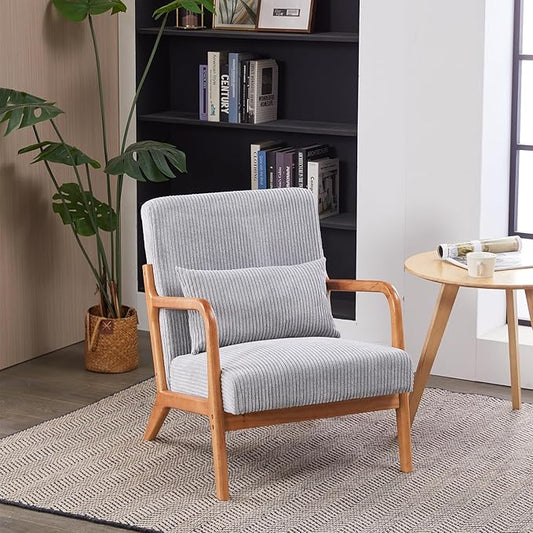 Accent Chairs, Mid-Century Modern Chair with Pillow, Armchair with Solid Wood, Reading Relaxing Leisure Chair for Living Room（Light Grey）