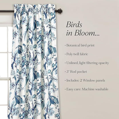 Lush Decor Dolores Light Filtering Window Panels, Pair, 52" W x 84" L, Blue - Floral Curtains for Bedroom - Vintage Curtains - Coquette Room Decor