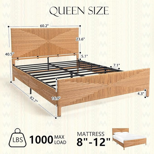 Yechen Queen Rattan Style Boho Bed Frame with Headboard and Footboard, Mid Century Modern Hand-Woven Wicker Bedframe with Vintage Pattern, Bamboo Bed with Metal Slats, No Box Spring Needed, 1000lbs