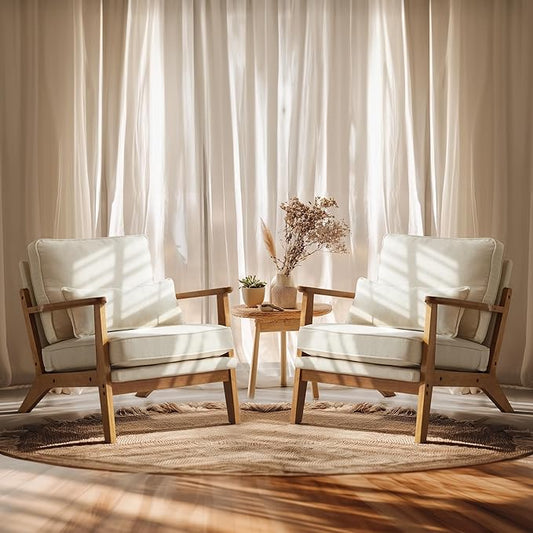 VINGLI Solid Wood Wide Armrests Accent Chair Set of 2,Upholstered Mid Century Modern Chair with Pillow,Farmhouse Arm Chair Comfy Reading Chair,Chairs Living Room,Bedroom,Guest Room,Linen Fabric,Beige