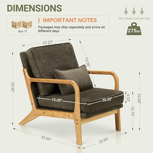 COLAMY Mid Century Modern Accent Chair Set of 2 with Lumbar Pillow, Relaxing Armchair with Solid Wood Frame & Soft Cushion, Reading Leisure Chair for Living Room（Green）