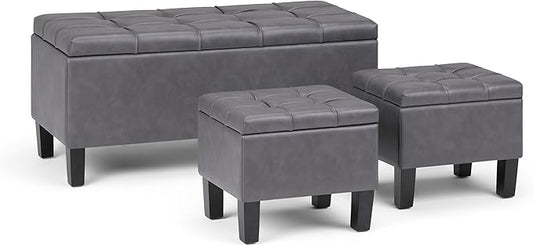 SIMPLIHOME Dover 44 inch Wide Contemporary Rectangle 3 Pc Storage Ottoman in Stone Grey Vegan Faux Leather, Assembled, for the Living Room, Entryway and Family Room